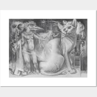 Mystical Sphinx Cat and Egyptian Goddess - Graphite Pencil Art Posters and Art